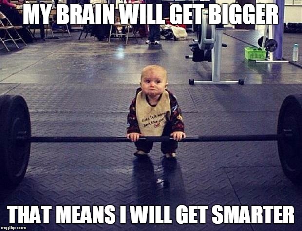 Gym Baby | MY BRAIN WILL GET BIGGER; THAT MEANS I WILL GET SMARTER | image tagged in gym baby | made w/ Imgflip meme maker