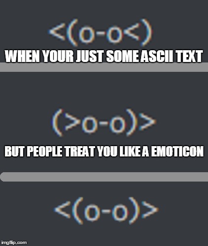 WHEN YOUR JUST SOME ASCII TEXT; BUT PEOPLE TREAT YOU LIKE A EMOTICON | image tagged in ascii,meme,wat,all,emoticon | made w/ Imgflip meme maker