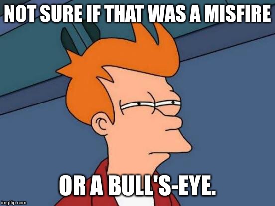 Futurama Fry Meme | NOT SURE IF THAT WAS A MISFIRE OR A BULL'S-EYE. | image tagged in memes,futurama fry | made w/ Imgflip meme maker