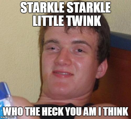 10 Guy | STARKLE STARKLE LITTLE TWINK; WHO THE HECK YOU AM I THINK | image tagged in memes,10 guy | made w/ Imgflip meme maker