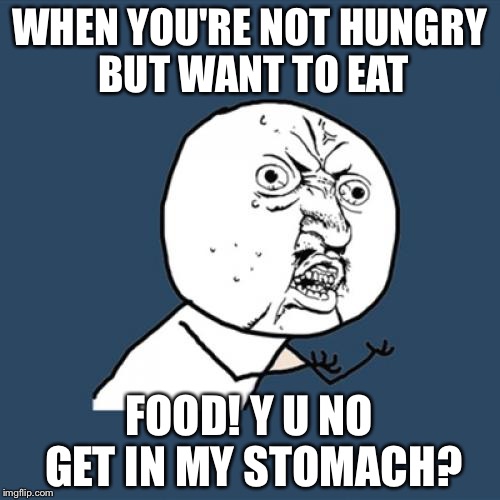 I bet we all know the feeling | WHEN YOU'RE NOT HUNGRY BUT WANT TO EAT; FOOD! Y U NO GET IN MY STOMACH? | image tagged in memes,y u no | made w/ Imgflip meme maker