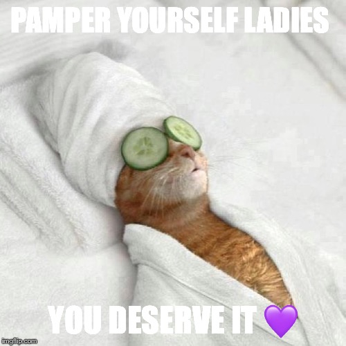 Cat spa sunday | PAMPER YOURSELF LADIES; YOU DESERVE IT 💜 | image tagged in cat spa sunday | made w/ Imgflip meme maker