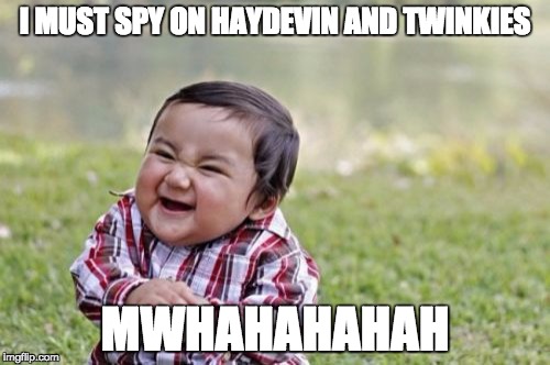 Evil Toddler Meme | I MUST SPY ON HAYDEVIN AND TWINKIES; MWHAHAHAHAH | image tagged in memes,evil toddler | made w/ Imgflip meme maker