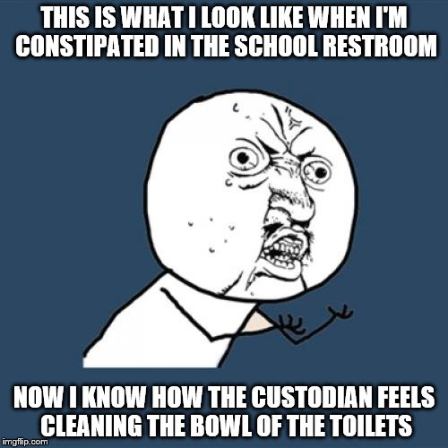 Y U No Meme | THIS IS WHAT I LOOK LIKE WHEN I'M CONSTIPATED IN THE SCHOOL RESTROOM; NOW I KNOW HOW THE CUSTODIAN FEELS CLEANING THE BOWL OF THE TOILETS | image tagged in memes,y u no | made w/ Imgflip meme maker