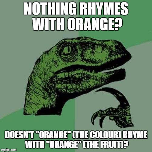 Philosoraptor | NOTHING RHYMES WITH ORANGE? DOESN'T "ORANGE" (THE COLOUR)
RHYME WITH "ORANGE" (THE FRUIT)? | image tagged in memes,philosoraptor | made w/ Imgflip meme maker