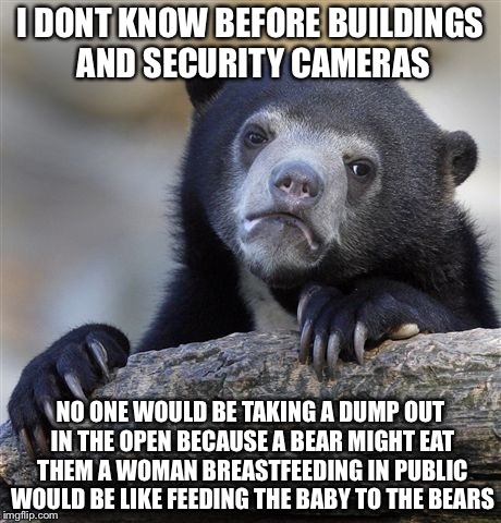 Confession Bear Meme | I DONT KNOW BEFORE BUILDINGS AND SECURITY CAMERAS NO ONE WOULD BE TAKING A DUMP OUT IN THE OPEN BECAUSE A BEAR MIGHT EAT THEM A WOMAN BREAST | image tagged in memes,confession bear | made w/ Imgflip meme maker