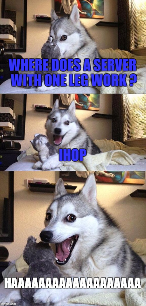 Bad Pun Dog | WHERE DOES A SERVER WITH ONE LEG WORK ? IHOP; HAAAAAAAAAAAAAAAAAAA | image tagged in memes,bad pun dog | made w/ Imgflip meme maker