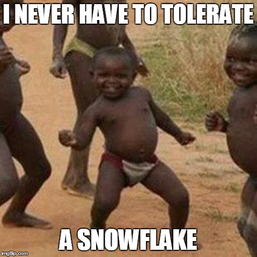 Third World Success Kid Meme | I NEVER HAVE TO TOLERATE A SNOWFLAKE | image tagged in memes,third world success kid | made w/ Imgflip meme maker