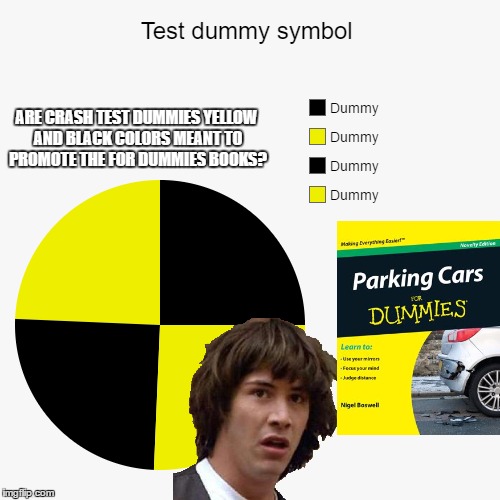 COMBO MEME! x4 | ARE CRASH TEST DUMMIES YELLOW AND BLACK COLORS MEANT TO PROMOTE THE FOR DUMMIES BOOKS? | image tagged in memes,funny,cars,dummies,conspiracy keanu,pie chart | made w/ Imgflip meme maker