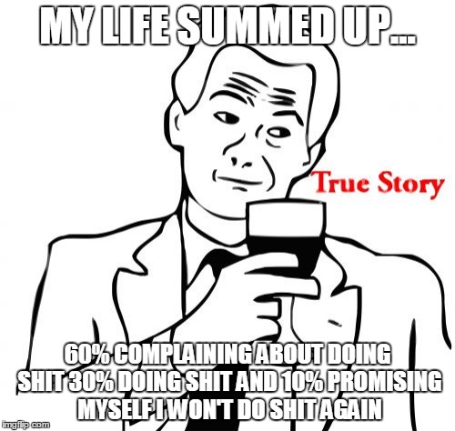 True Story Meme |  MY LIFE SUMMED UP... 60% COMPLAINING ABOUT DOING SHIT 30% DOING SHIT AND 10% PROMISING MYSELF I WON'T DO SHIT AGAIN | image tagged in memes,true story | made w/ Imgflip meme maker