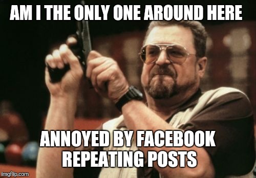Am I The Only One Around Here | AM I THE ONLY ONE AROUND HERE; ANNOYED BY FACEBOOK REPEATING POSTS | image tagged in memes,am i the only one around here | made w/ Imgflip meme maker