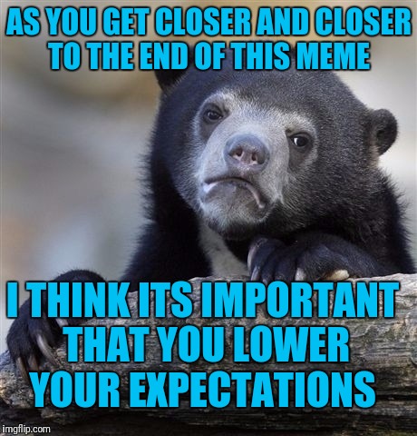 Confession Bear | AS YOU GET CLOSER AND CLOSER TO THE END OF THIS MEME; I THINK ITS IMPORTANT THAT YOU LOWER YOUR EXPECTATIONS | image tagged in memes,confession bear | made w/ Imgflip meme maker