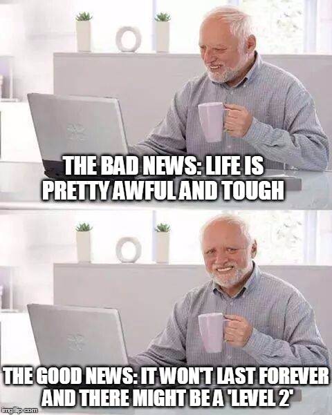 Hide the Pain Harold | THE BAD NEWS: LIFE IS PRETTY AWFUL AND TOUGH; THE GOOD NEWS: IT WON'T LAST FOREVER AND THERE MIGHT BE A 'LEVEL 2' | image tagged in memes,hide the pain harold | made w/ Imgflip meme maker