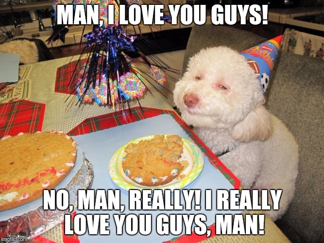 We all have that one friend that's like... | MAN, I LOVE YOU GUYS! NO, MAN, REALLY! I REALLY LOVE YOU GUYS, MAN! | image tagged in stoned birthday dog,memes,friendship,drunk,i love you | made w/ Imgflip meme maker