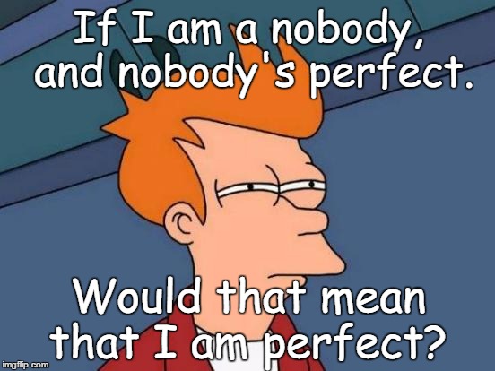 Futurama Fry | If I am a nobody, and nobody's perfect. Would that mean that I am perfect? | image tagged in memes,futurama fry | made w/ Imgflip meme maker