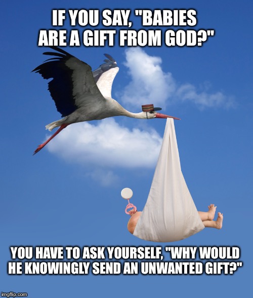 Stork, NATALISM, babies  | IF YOU SAY, "BABIES ARE A GIFT FROM GOD?"; YOU HAVE TO ASK YOURSELF, "WHY WOULD HE KNOWINGLY SEND AN UNWANTED GIFT?" | image tagged in stork natalism babies  | made w/ Imgflip meme maker