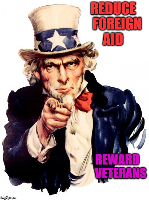 Uncle Sam Meme | REDUCE   FOREIGN   AID; REWARD    VETERANS | image tagged in memes,uncle sam | made w/ Imgflip meme maker