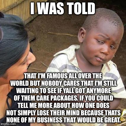 Third World Skeptical Kid | I WAS TOLD; THAT I'M FAMOUS ALL OVER THE WORLD BUT NOBODY CARES THAT I'M STILL WAITING TO SEE IF YALL GOT ANYMORE OF THEM CARE PACKAGES. IF YOU COULD TELL ME MORE ABOUT HOW ONE DOES NOT SIMPLY LOSE THEIR MIND BECAUSE THATS NONE OF MY BUSINESS THAT WOULD BE GREAT. | image tagged in memes,third world skeptical kid,imgflip,mean while on imgflip | made w/ Imgflip meme maker