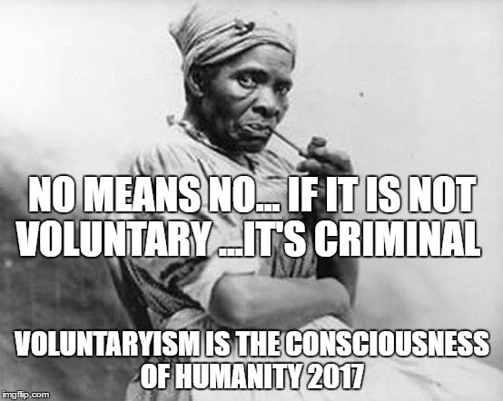 slave lady | NO MEANS NO... IF IT IS NOT VOLUNTARY ...IT'S CRIMINAL; VOLUNTARYISM IS THE CONSCIOUSNESS OF HUMANITY 2017 | image tagged in slave lady | made w/ Imgflip meme maker