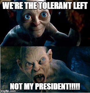 Gollum | WE'RE THE TOLERANT LEFT; NOT MY PRESIDENT!!!!! | image tagged in gollum | made w/ Imgflip meme maker
