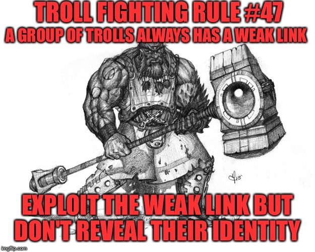 Can they find their own leak? | TROLL FIGHTING RULE #47; A GROUP OF TROLLS ALWAYS HAS A WEAK LINK; EXPLOIT THE WEAK LINK BUT DON'T REVEAL THEIR IDENTITY | image tagged in troll smasher | made w/ Imgflip meme maker