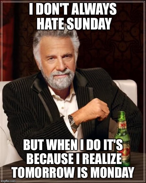 The Most Interesting Man In The World Meme | I DON'T ALWAYS HATE SUNDAY; BUT WHEN I DO IT'S BECAUSE I REALIZE TOMORROW IS MONDAY | image tagged in memes,the most interesting man in the world | made w/ Imgflip meme maker