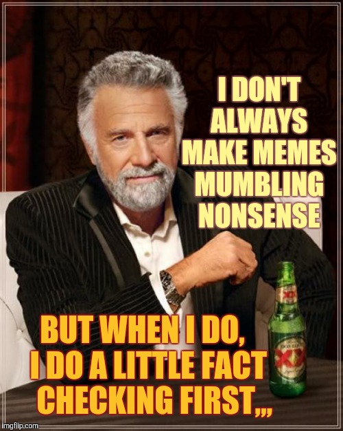 The Most Interesting Man In The World Meme | I DON'T ALWAYS MAKE MEMES MUMBLING NONSENSE BUT WHEN I DO,  I DO A LITTLE FACT   CHECKING FIRST,,, | image tagged in memes,the most interesting man in the world | made w/ Imgflip meme maker