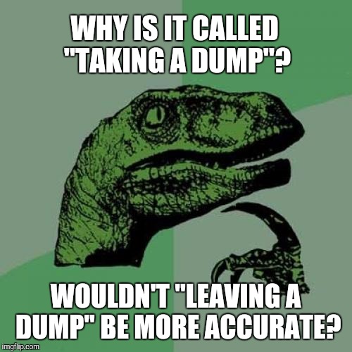 I have wondered about this for a long time  | WHY IS IT CALLED "TAKING A DUMP"? WOULDN'T "LEAVING A DUMP" BE MORE ACCURATE? | image tagged in memes,philosoraptor,pooping,taking a dump | made w/ Imgflip meme maker
