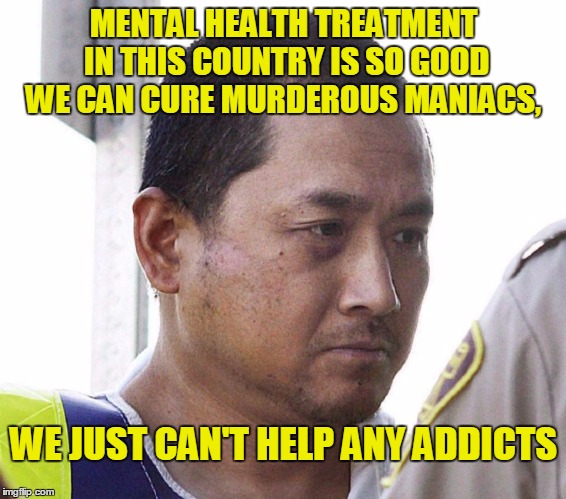 The Definition of Insanity | MENTAL HEALTH TREATMENT IN THIS COUNTRY IS SO GOOD WE CAN CURE MURDEROUS MANIACS, WE JUST CAN'T HELP ANY ADDICTS | image tagged in mental health,drug addiction,overdose,david swan,the definition of insanity,crime | made w/ Imgflip meme maker