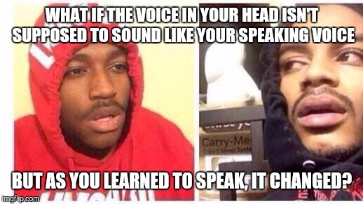 WHAT IF THE VOICE IN YOUR HEAD ISN'T SUPPOSED TO SOUND LIKE YOUR SPEAKING VOICE; BUT AS YOU LEARNED TO SPEAK, IT CHANGED? | image tagged in memes,hits blunt | made w/ Imgflip meme maker