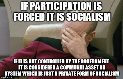 Captain Picard Facepalm Meme | IF PARTICIPATION IS FORCED IT IS SOCIALISM IF IT IS NOT CONTROLLED BY THE GOVERNMENT IT IS CONSIDERED A COMMUNAL ASSET OR SYSTEM WHICH IS JU | image tagged in memes,captain picard facepalm | made w/ Imgflip meme maker