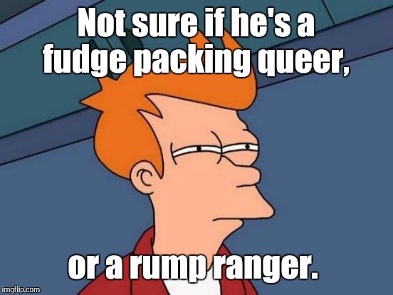 Futurama Fry Meme | Not sure if he's a fudge packing queer, or a rump ranger. | image tagged in memes,futurama fry | made w/ Imgflip meme maker