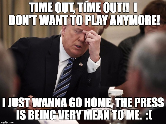 TIME OUT, TIME OUT!!  I DON'T WANT TO PLAY ANYMORE! I JUST WANNA GO HOME, THE PRESS IS BEING VERY MEAN TO ME.  :( | image tagged in trump,liar,mean to me | made w/ Imgflip meme maker
