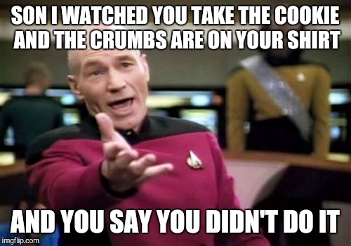 Picard Wtf |  SON I WATCHED YOU TAKE THE COOKIE AND THE CRUMBS ARE ON YOUR SHIRT; AND YOU SAY YOU DIDN'T DO IT | image tagged in memes,picard wtf | made w/ Imgflip meme maker