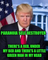 OK, slow down there, buddy | PARANOIA SELF DESTROYER; THERE'S A RED, UNDER MY BED
AND THERE'S A LITTLE GREEN MAN IN MY HEAD | image tagged in paranoia | made w/ Imgflip meme maker