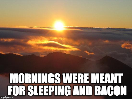 Coffee too | MORNINGS WERE MEANT FOR SLEEPING AND BACON | image tagged in good morning,bacon,sleeping,coffee | made w/ Imgflip meme maker
