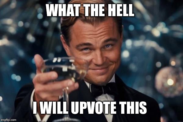 Leonardo Dicaprio Cheers Meme | WHAT THE HELL I WILL UPVOTE THIS | image tagged in memes,leonardo dicaprio cheers | made w/ Imgflip meme maker