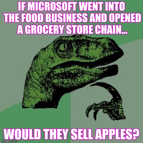 Philosoraptor | IF MICROSOFT WENT INTO THE FOOD BUSINESS AND OPENED A GROCERY STORE CHAIN... WOULD THEY SELL APPLES? | image tagged in memes,philosoraptor | made w/ Imgflip meme maker