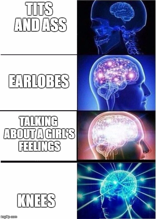 Expanding Brain | TITS AND ASS; EARLOBES; TALKING ABOUT A GIRL'S FEELINGS; KNEES | image tagged in expanding brain | made w/ Imgflip meme maker