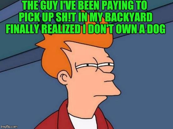 Futurama Fry Meme | THE GUY I'VE BEEN PAYING TO PICK UP SH!T IN MY BACKYARD FINALLY REALIZED I DON'T OWN A DOG | image tagged in memes,futurama fry | made w/ Imgflip meme maker
