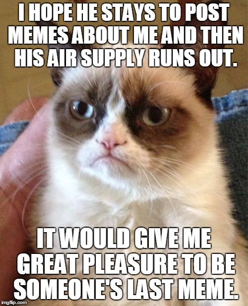 Grumpy Cat Meme | I HOPE HE STAYS TO POST MEMES ABOUT ME AND THEN HIS AIR SUPPLY RUNS OUT. IT WOULD GIVE ME GREAT PLEASURE TO BE SOMEONE'S LAST MEME. | image tagged in memes,grumpy cat | made w/ Imgflip meme maker