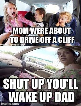 MOM WERE ABOUT TO DRIVE OFF A CLIFF; SHUT UP YOU'LL WAKE UP DAD | image tagged in unaware and compliant citizenry | made w/ Imgflip meme maker