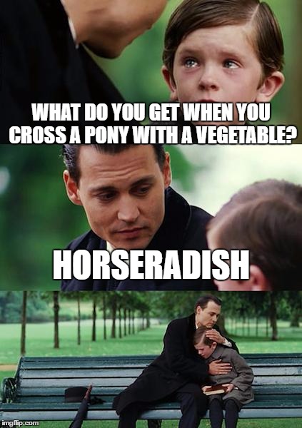 Finding Neverland Meme | WHAT DO YOU GET WHEN YOU CROSS A PONY WITH A VEGETABLE? HORSERADISH | image tagged in memes,finding neverland | made w/ Imgflip meme maker