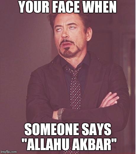 Trolls Everywhere | YOUR FACE WHEN; SOMEONE SAYS "ALLAHU AKBAR" | image tagged in memes,face you make robert downey jr | made w/ Imgflip meme maker