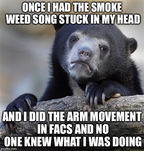 Confession Bear | ONCE I HAD THE SMOKE WEED SONG STUCK IN MY HEAD; AND I DID THE ARM MOVEMENT IN FACS AND NO ONE KNEW WHAT I WAS DOING | image tagged in memes,confession bear | made w/ Imgflip meme maker
