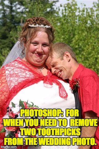 redneck wedding | PHOTOSHOP:  FOR WHEN YOU NEED TO  REMOVE TWO TOOTHPICKS FROM THE WEDDING PHOTO. | image tagged in redneck wedding | made w/ Imgflip meme maker