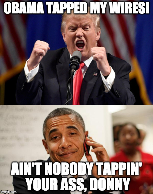 I ain't wiretappin' that | OBAMA TAPPED MY WIRES! AIN'T NOBODY TAPPIN' YOUR ASS, DONNY | image tagged in wiretap,obama,trump,wiretapping | made w/ Imgflip meme maker