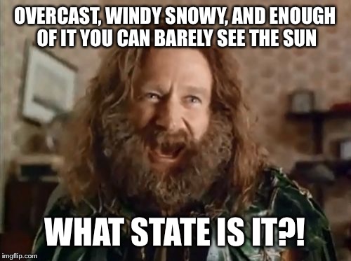 What Year Is It Meme | OVERCAST, WINDY SNOWY, AND ENOUGH OF IT YOU CAN BARELY SEE THE SUN; WHAT STATE IS IT?! | image tagged in memes,what year is it | made w/ Imgflip meme maker