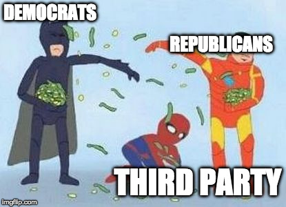 Pathetic Third party (Yet another Political joke) | REPUBLICANS; DEMOCRATS; THIRD PARTY | image tagged in memes,pathetic spidey,democrats,republicans,politics | made w/ Imgflip meme maker
