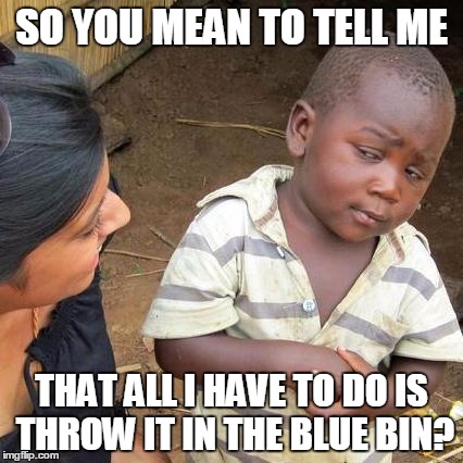 Third World Skeptical Kid Meme | SO YOU MEAN TO TELL ME; THAT ALL I HAVE TO DO IS THROW IT IN THE BLUE BIN? | image tagged in memes,third world skeptical kid | made w/ Imgflip meme maker